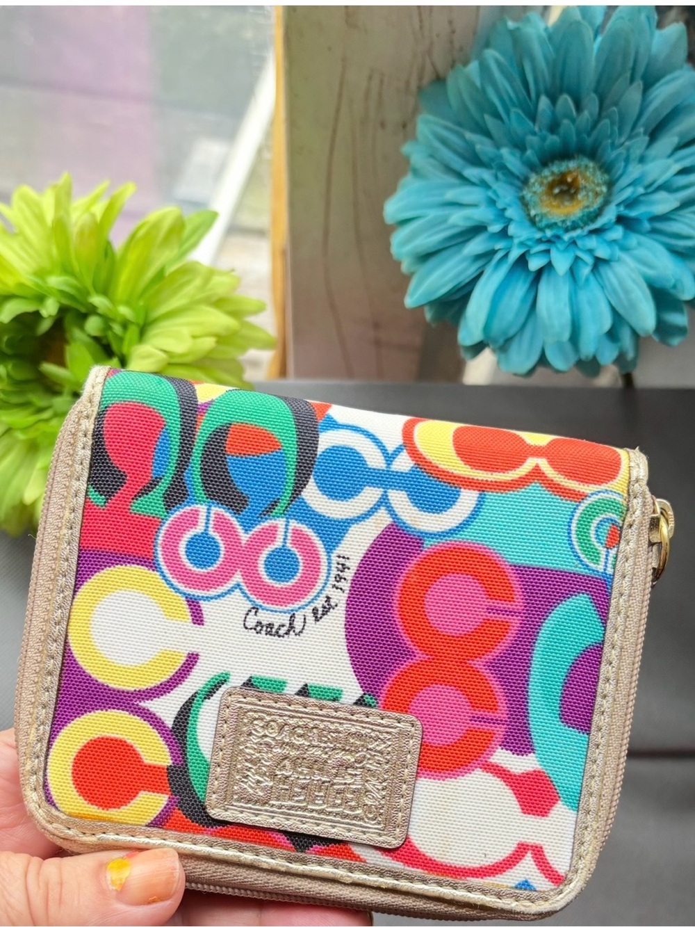 Coach Multicolor Signature 'C' Compact Zip Wallet — Bright Rainbow Print